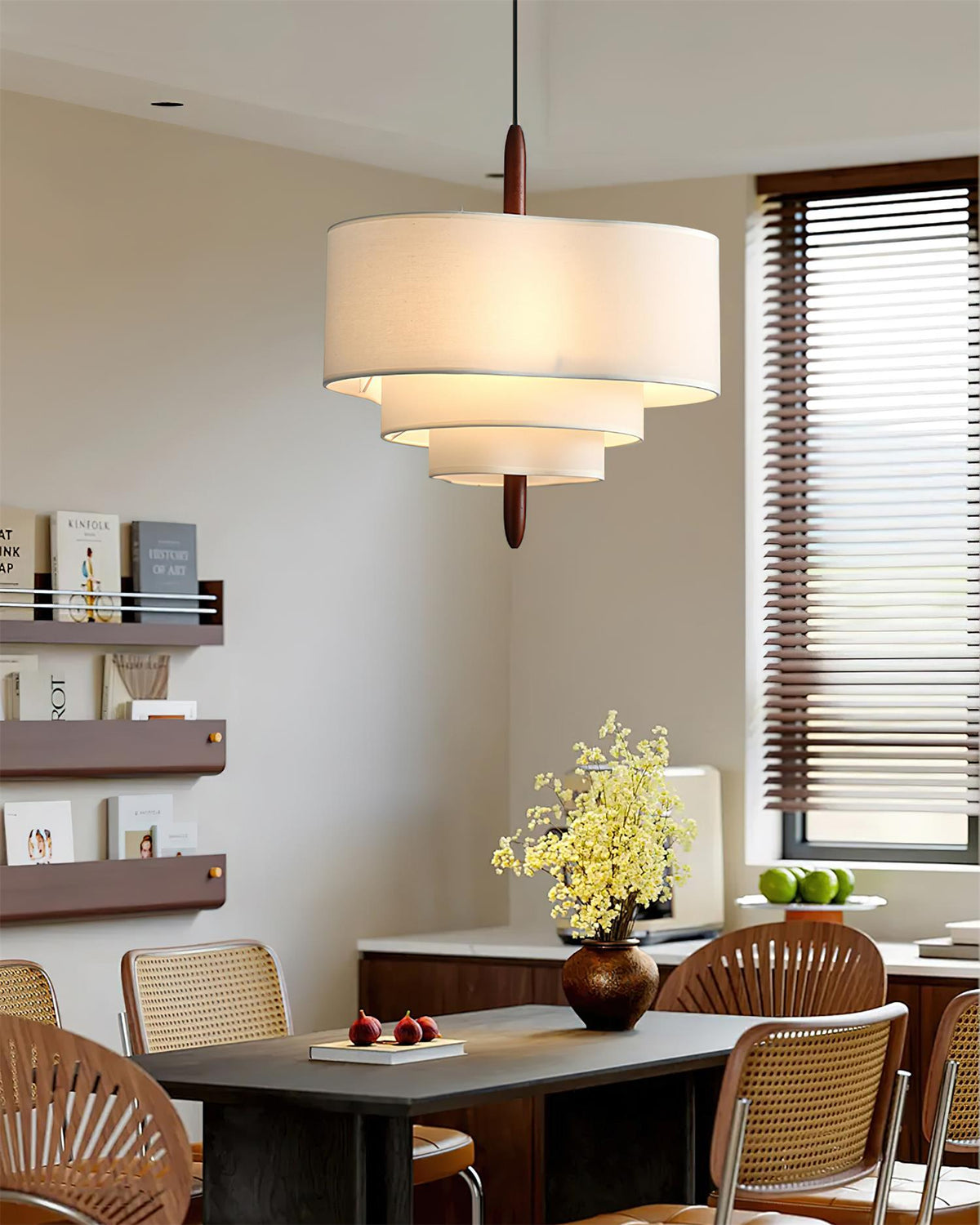 Layered Fabric Tiered Ceiling Pendant with Wood Detail - Arrielight