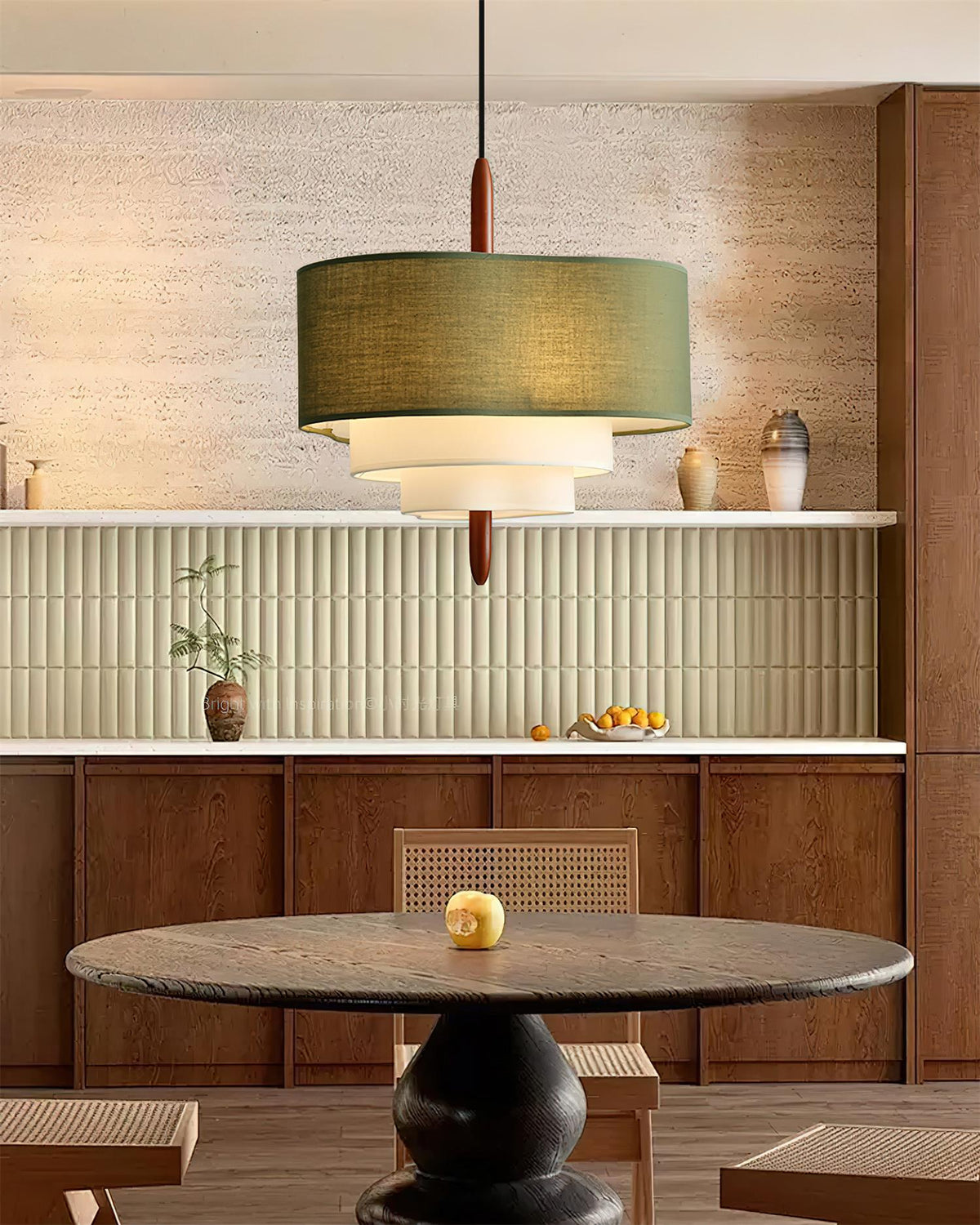Layered Fabric Tiered Ceiling Pendant with Wood Detail - Arrielight