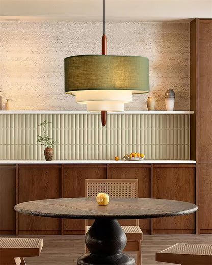Layered Fabric Tiered Ceiling Pendant with Wood Detail - Arrielight