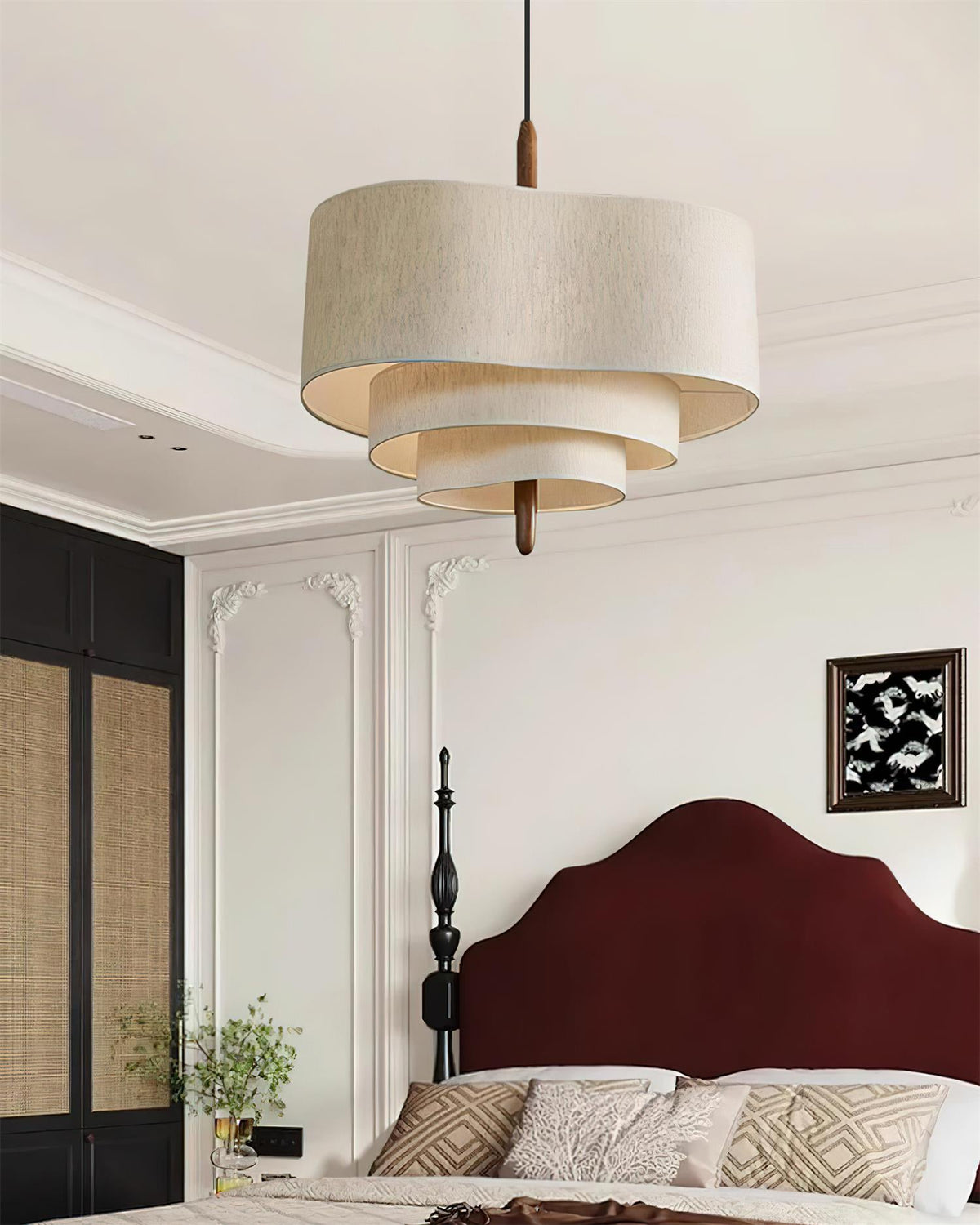 Layered Fabric Tiered Ceiling Pendant with Wood Detail - Arrielight
