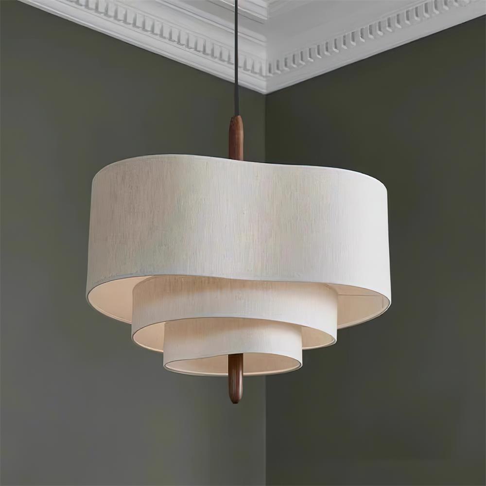 Layered Fabric Tiered Ceiling Pendant with Wood Detail - Arrielight