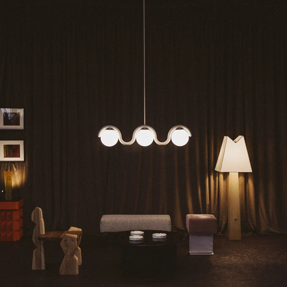 Curved Wave Linear Chandelier with Opal Glass Globes - Arrielight