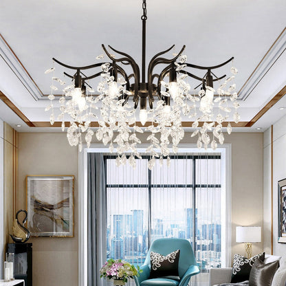 Crystal Leaf Branch Chandelier with Curved Metal Arms - Arrielight