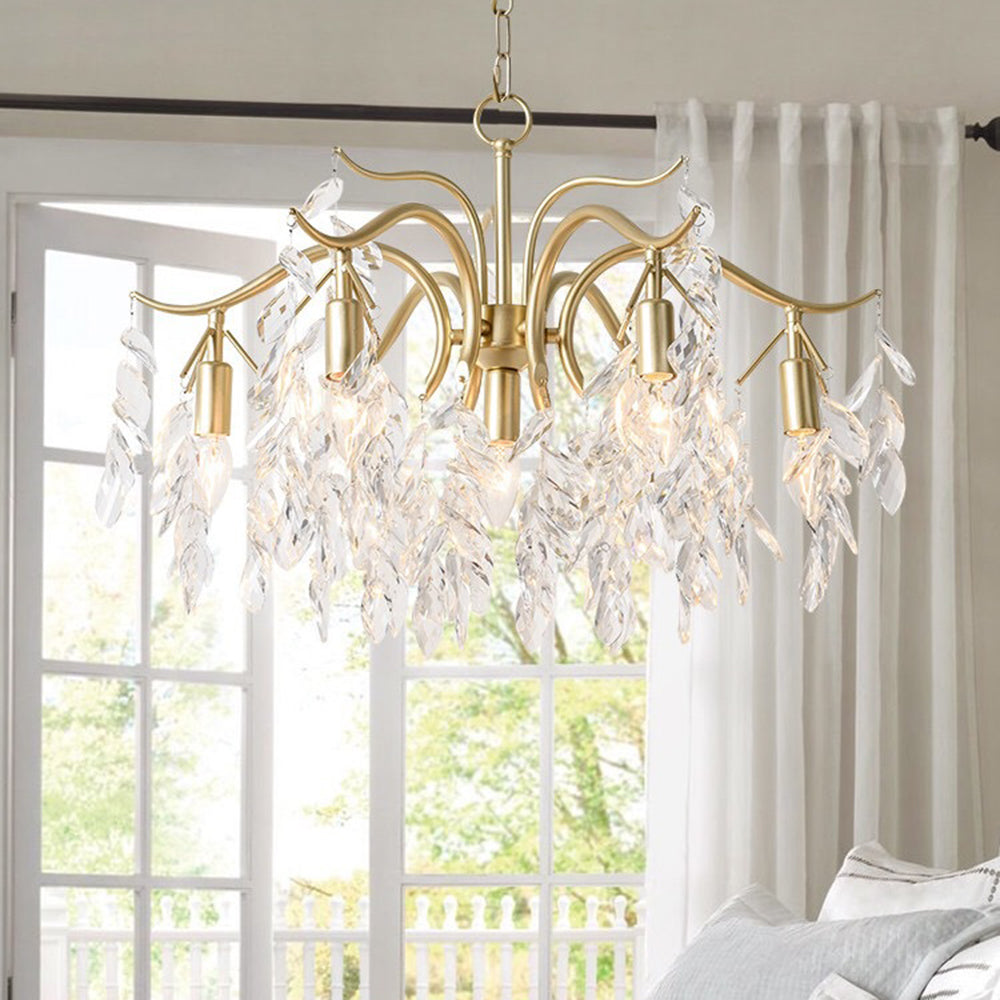 Crystal Leaf Branch Chandelier with Curved Metal Arms - Arrielight