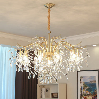 Crystal Leaf Branch Chandelier with Curved Metal Arms - Arrielight