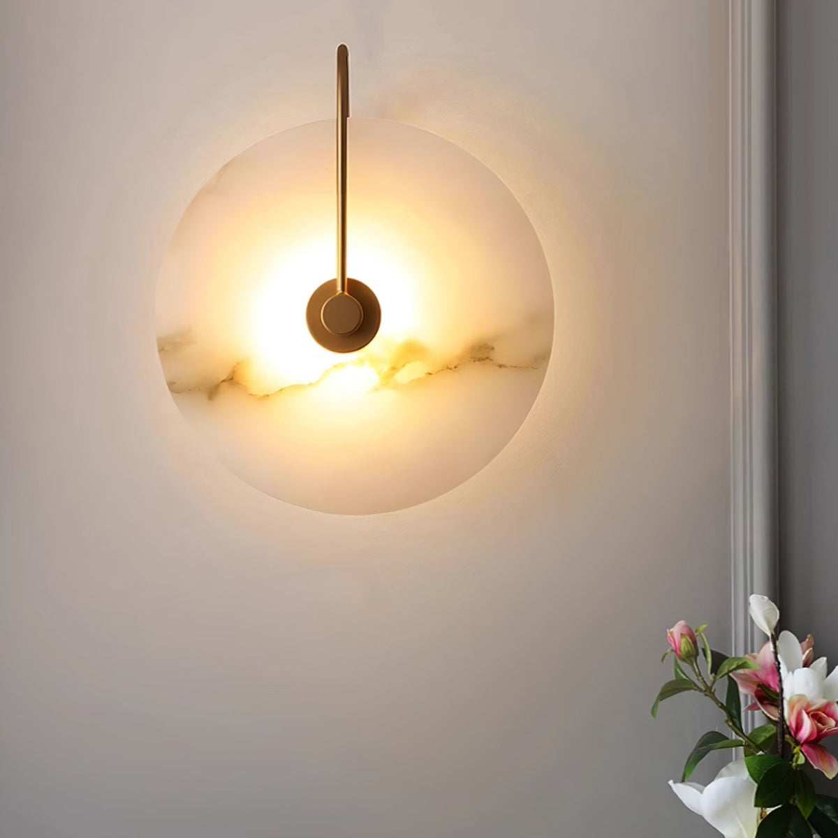 Round Alabaster Disc Wall Light with Slim Arm - Arrielight