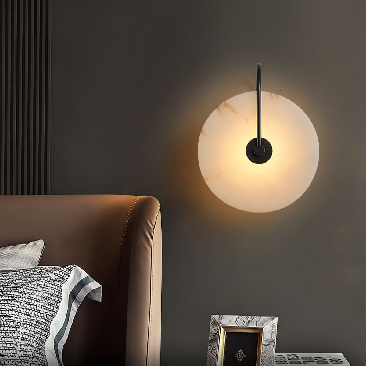 Round Alabaster Disc Wall Light with Slim Arm - Arrielight