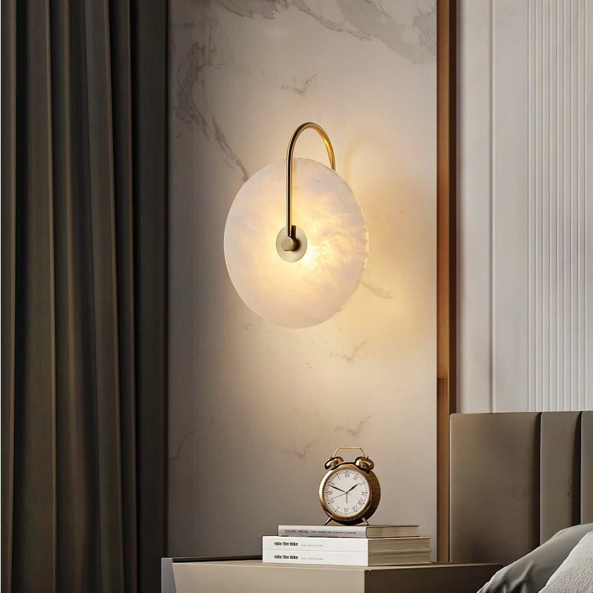 Round Alabaster Disc Wall Light with Slim Arm - Arrielight