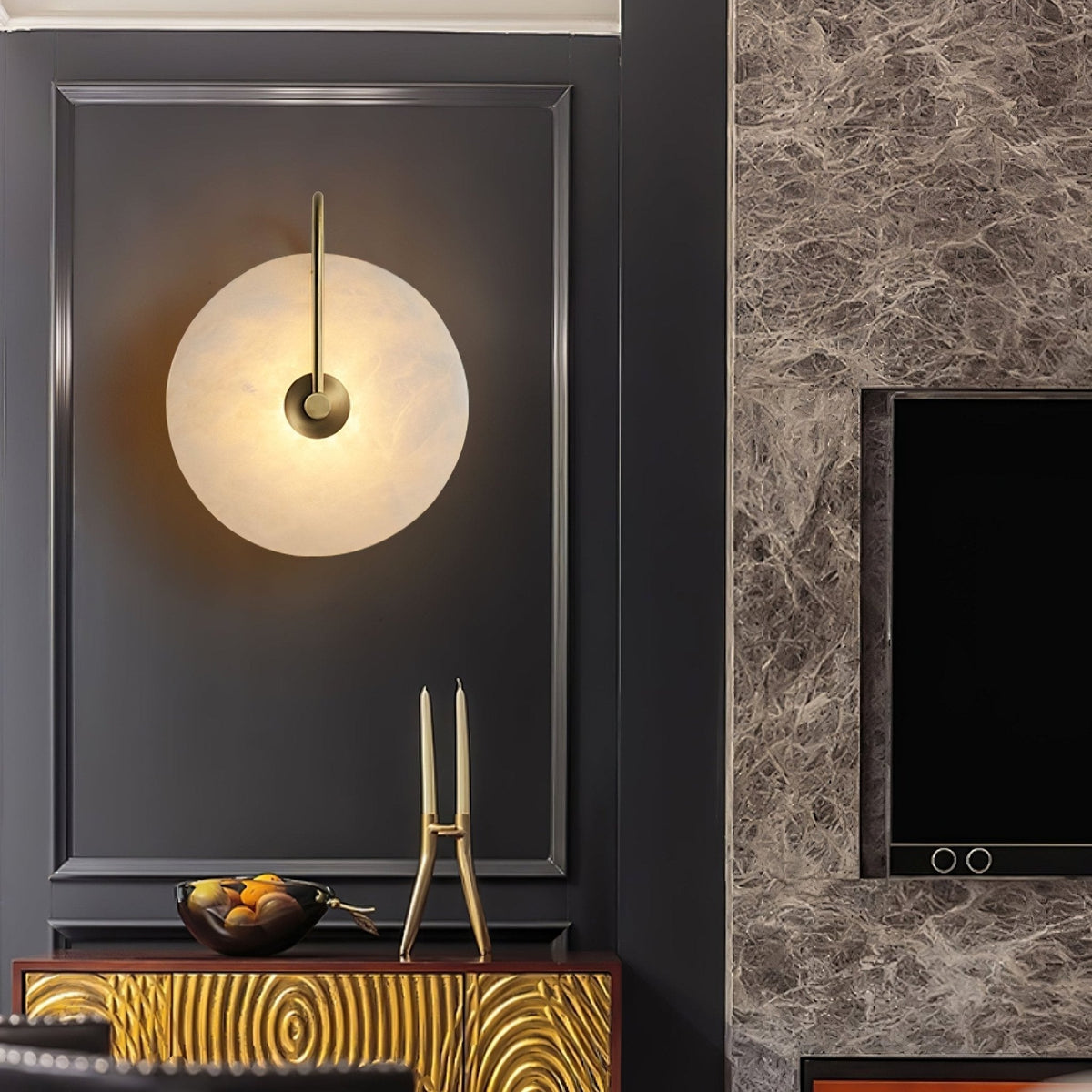 Round Alabaster Disc Wall Light with Slim Arm - Arrielight
