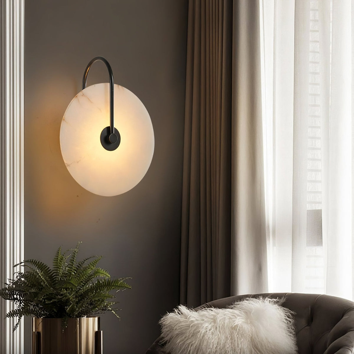 Round Alabaster Disc Wall Light with Slim Arm - Arrielight