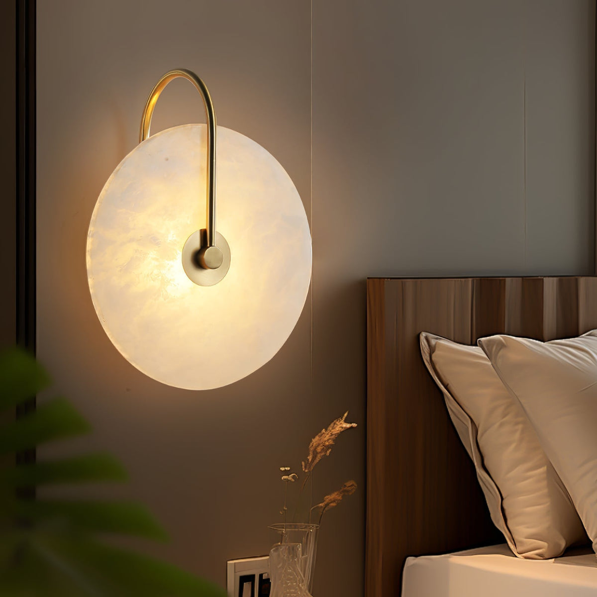 Round Alabaster Disc Wall Light with Slim Arm - Arrielight