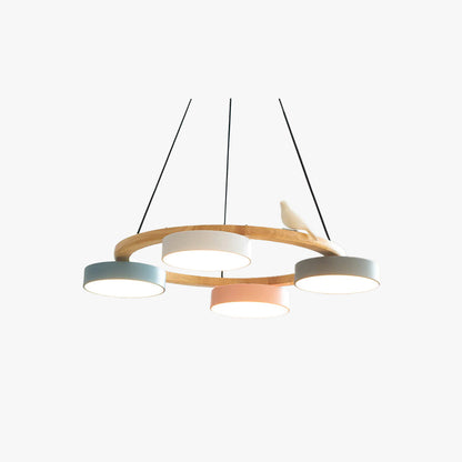 Wooden Ring Bird Chandelier with Round LED Shades - Arrielight