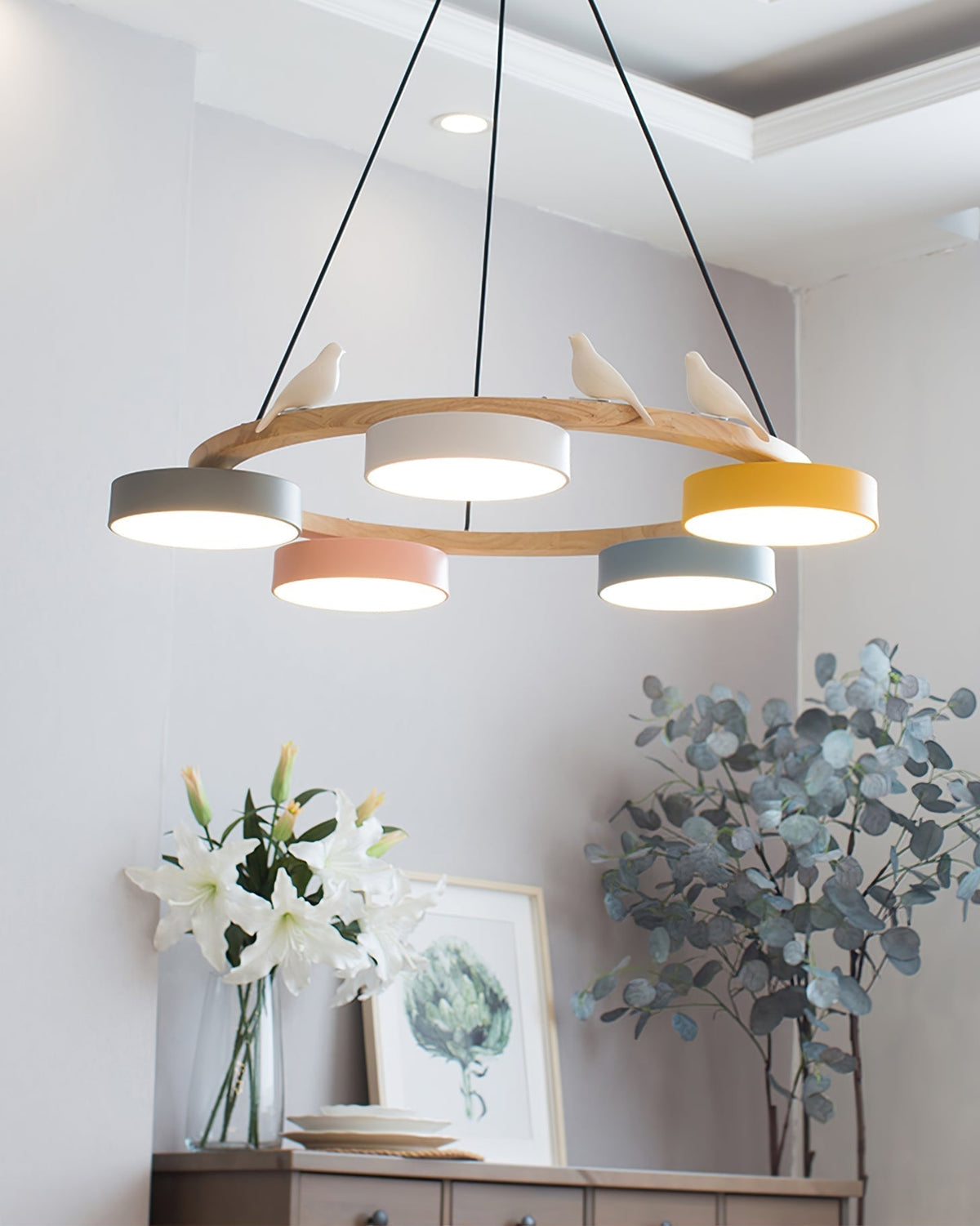 Wooden Ring Bird Chandelier with Round LED Shades - Arrielight