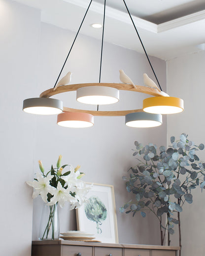 Wooden Ring Bird Chandelier with Round LED Shades - Arrielight