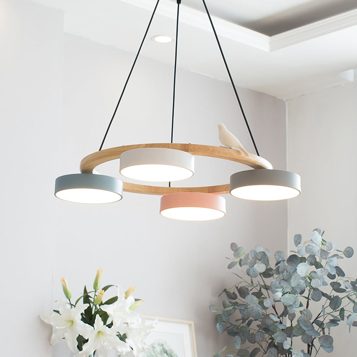 Wooden Ring Bird Chandelier with Round LED Shades - Arrielight