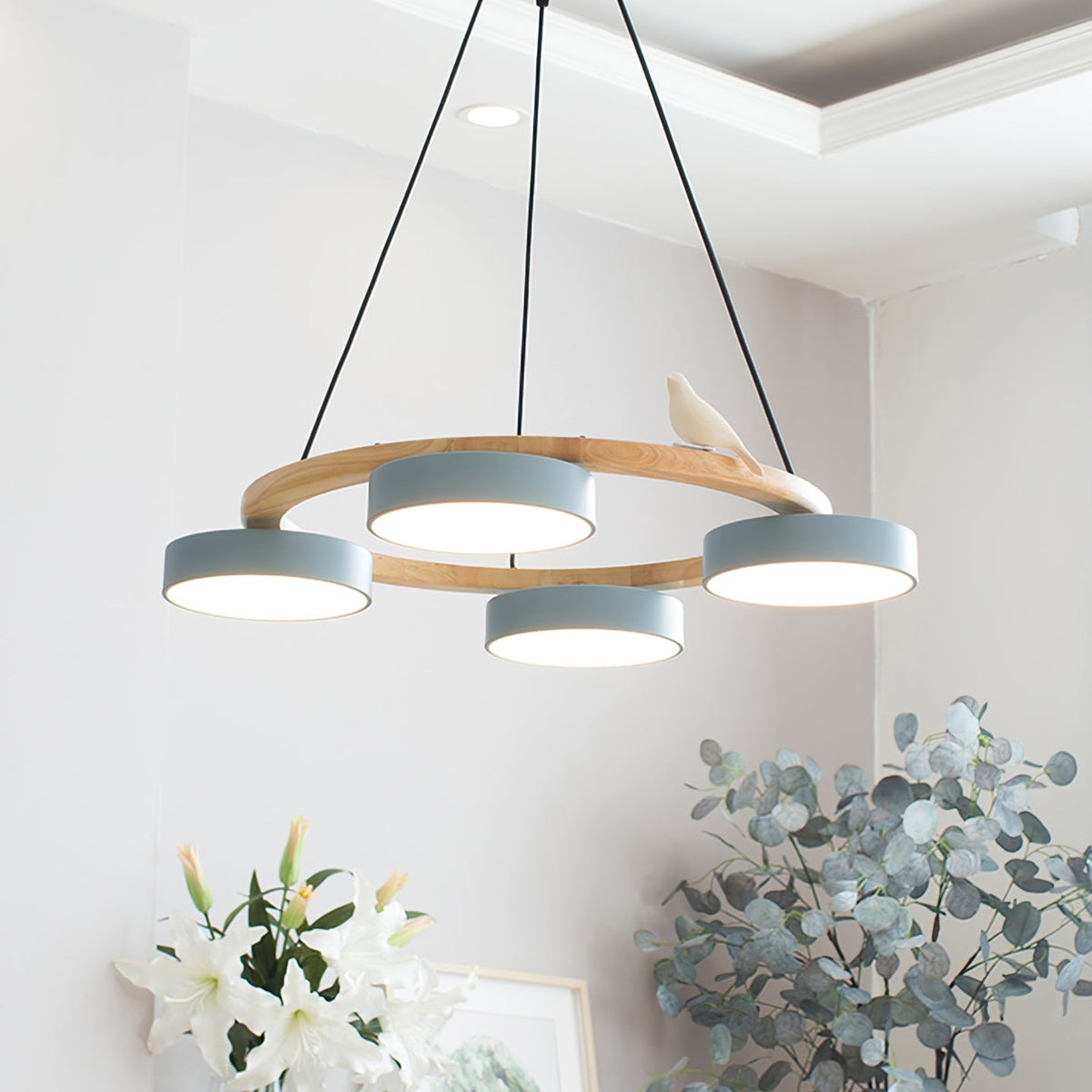 Wooden Ring Bird Chandelier with Round LED Shades - Arrielight