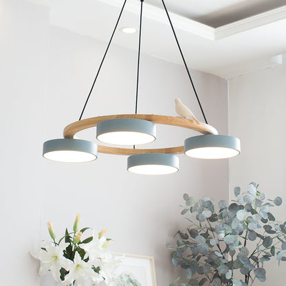 Wooden Ring Bird Chandelier with Round LED Shades - Arrielight