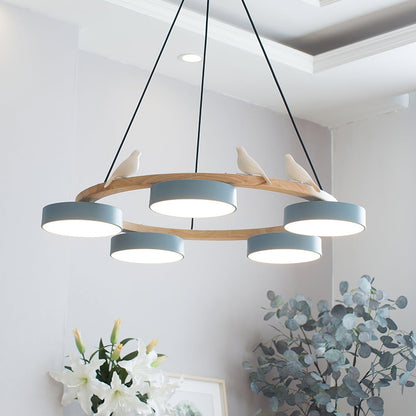 Wooden Ring Bird Chandelier with Round LED Shades - Arrielight