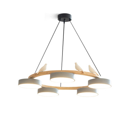 Wooden Ring Bird Chandelier with Round LED Shades - Arrielight