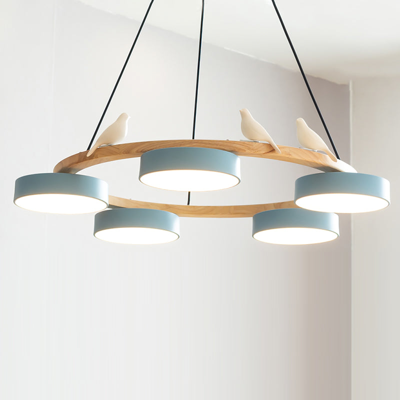 Wooden Ring Bird Chandelier with Round LED Shades - Arrielight
