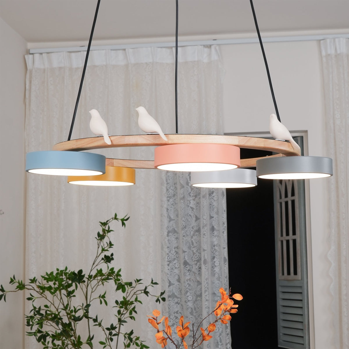 Wooden Ring Bird Chandelier with Round LED Shades - Arrielight