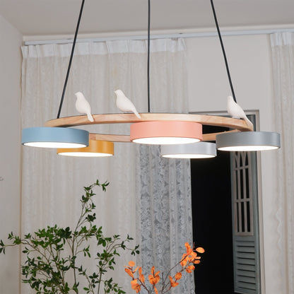 Wooden Ring Bird Chandelier with Round LED Shades - Arrielight