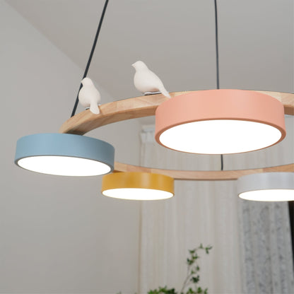 Wooden Ring Bird Chandelier with Round LED Shades - Arrielight