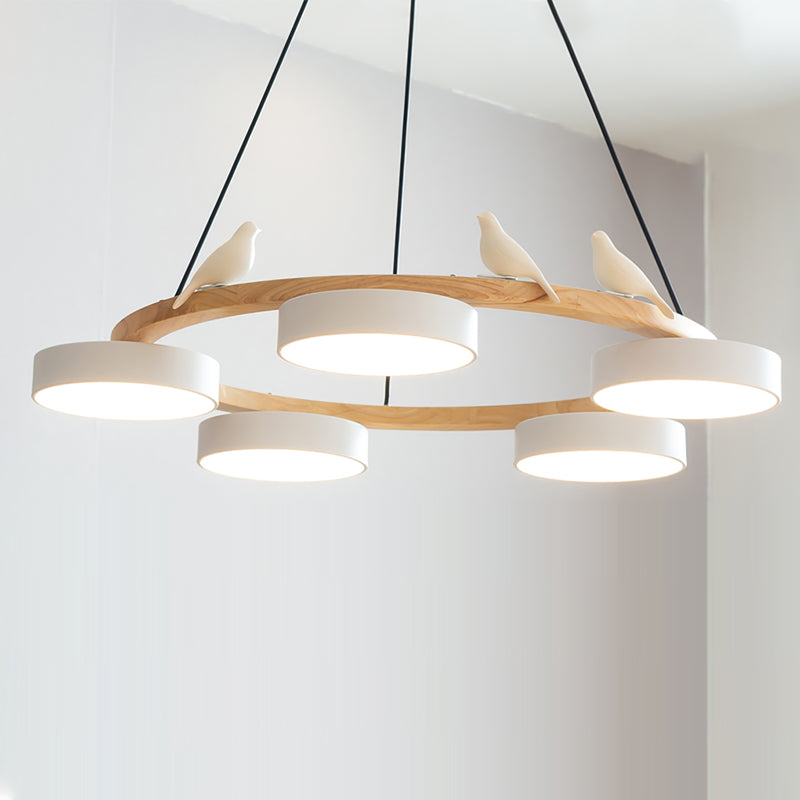 Wooden Ring Bird Chandelier with Round LED Shades - Arrielight