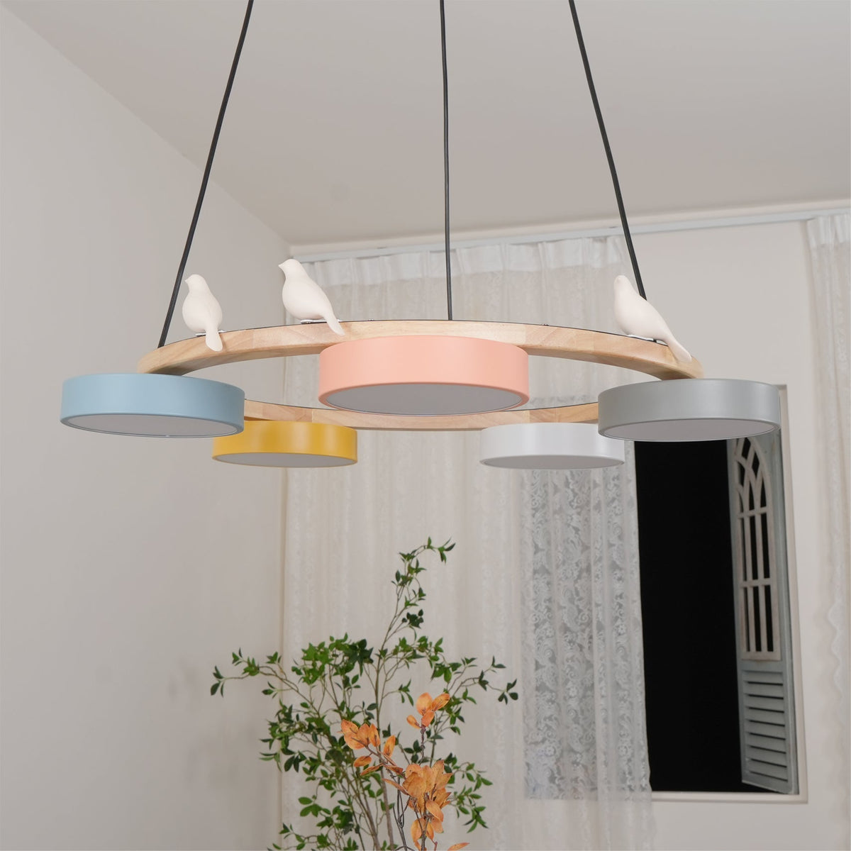 Wooden Ring Bird Chandelier with Round LED Shades - Arrielight