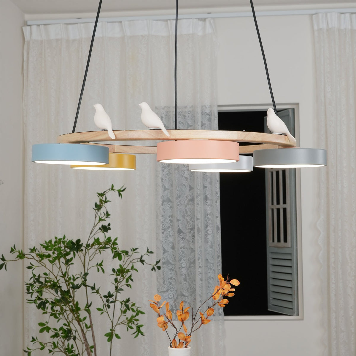 Wooden Ring Bird Chandelier with Round LED Shades - Arrielight