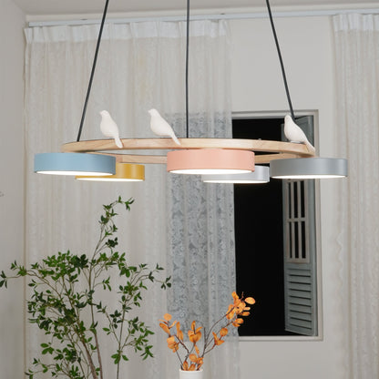 Wooden Ring Bird Chandelier with Round LED Shades - Arrielight