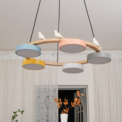 Wooden Ring Bird Chandelier with Round LED Shades - Arrielight