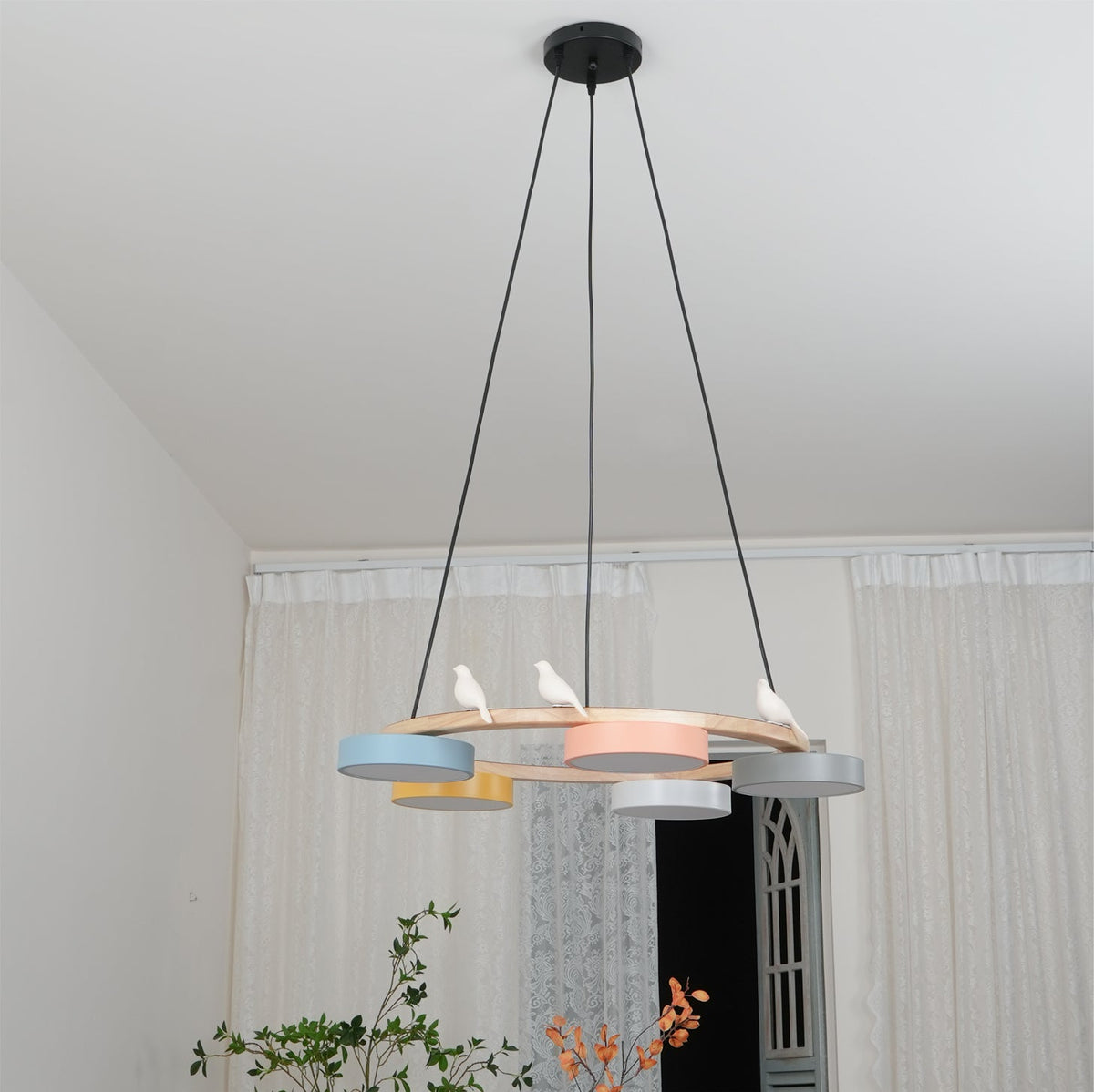 Wooden Ring Bird Chandelier with Round LED Shades - Arrielight