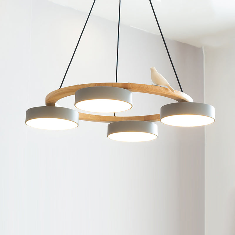 Wooden Ring Bird Chandelier with Round LED Shades - Arrielight