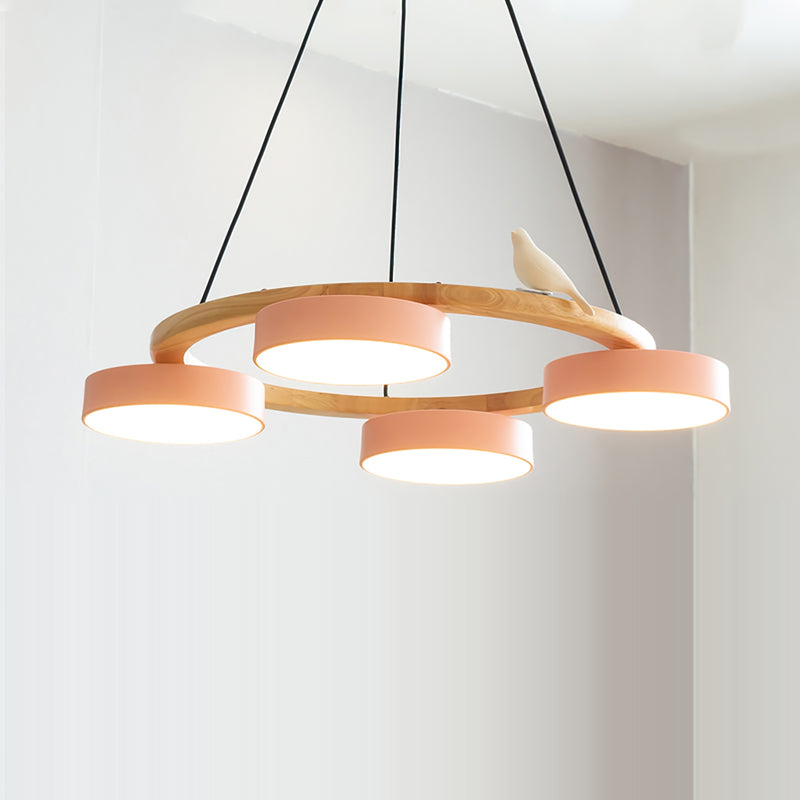 Wooden Ring Bird Chandelier with Round LED Shades - Arrielight