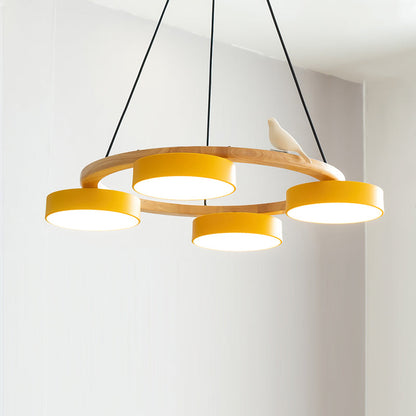 Wooden Ring Bird Chandelier with Round LED Shades - Arrielight