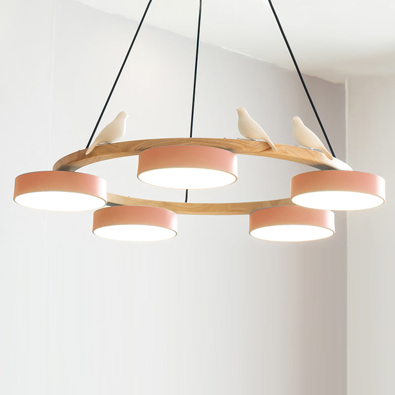 Wooden Ring Bird Chandelier with Round LED Shades - Arrielight