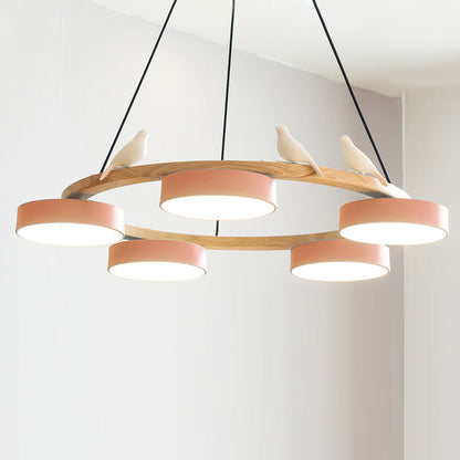 Wooden Ring Bird Chandelier with Round LED Shades - Arrielight