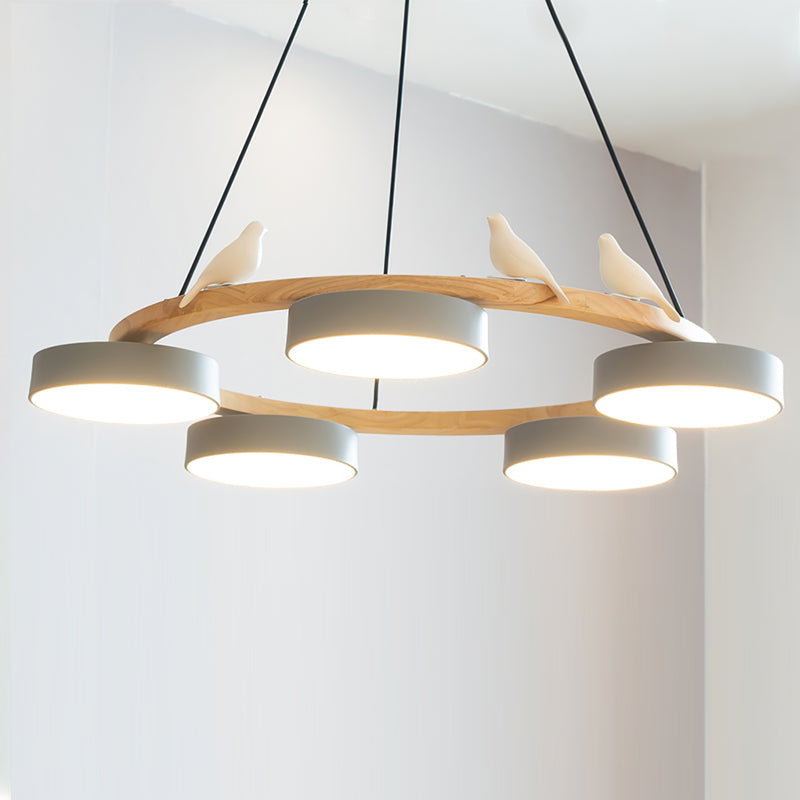 Wooden Ring Bird Chandelier with Round LED Shades - Arrielight