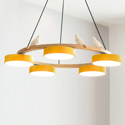 Wooden Ring Bird Chandelier with Round LED Shades - Arrielight