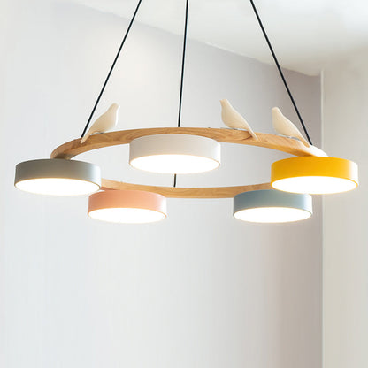 Wooden Ring Bird Chandelier with Round LED Shades - Arrielight