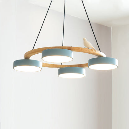 Wooden Ring Bird Chandelier with Round LED Shades - Arrielight