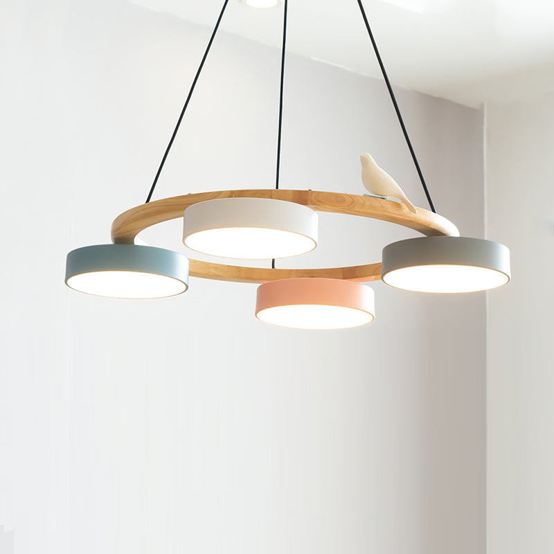 Wooden Ring Bird Chandelier with Round LED Shades - Arrielight