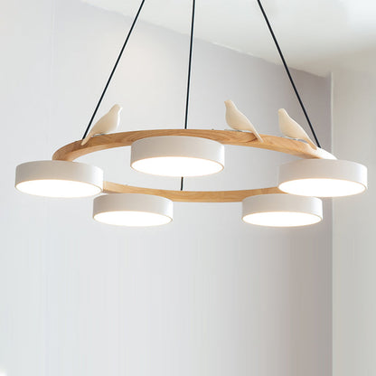 Wooden Ring Bird Chandelier with Round LED Shades - Arrielight