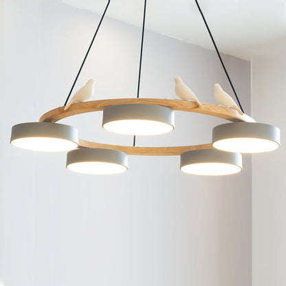 Wooden Ring Bird Chandelier with Round LED Shades - Arrielight