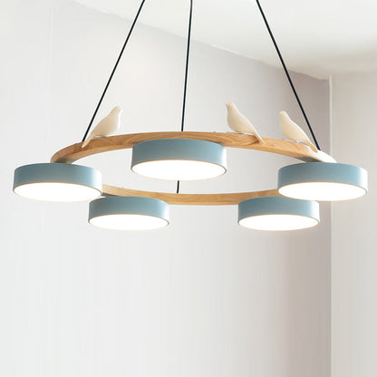 Wooden Ring Bird Chandelier with Round LED Shades - Arrielight