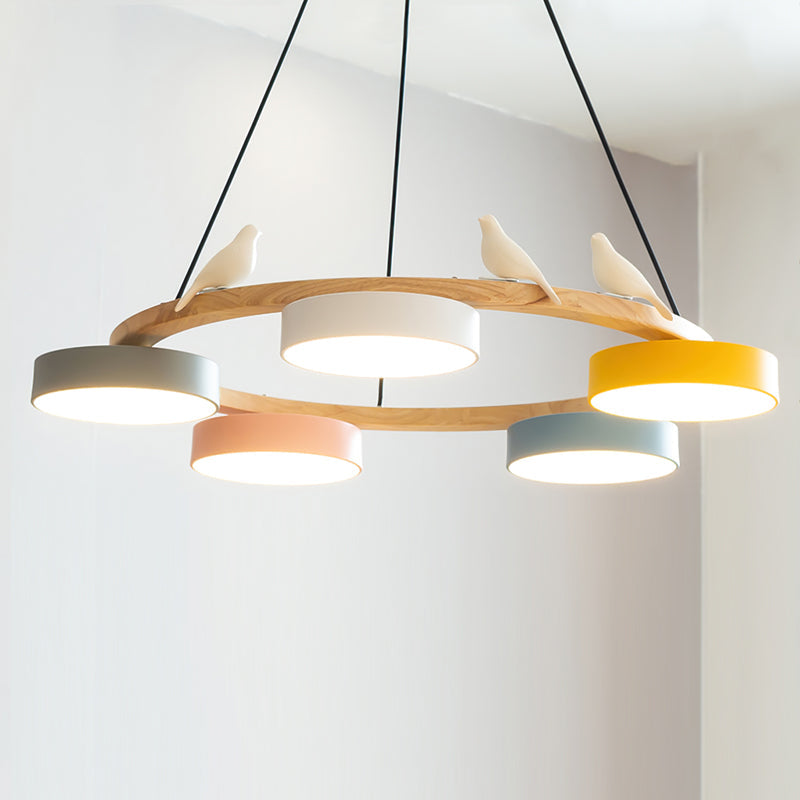 Wooden Ring Bird Chandelier with Round LED Shades - Arrielight