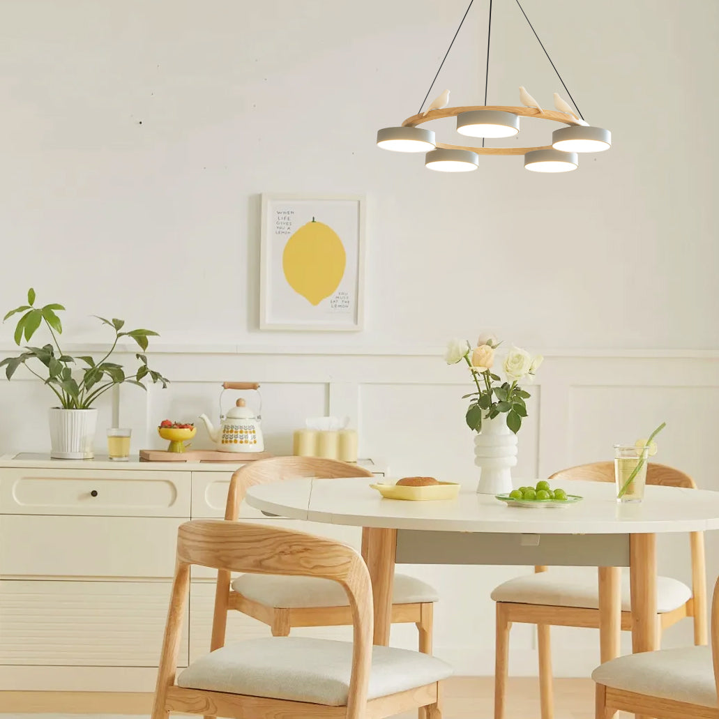 Wooden Ring Bird Chandelier with Round LED Shades - Arrielight