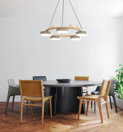 Wooden Ring Bird Chandelier with Round LED Shades - Arrielight