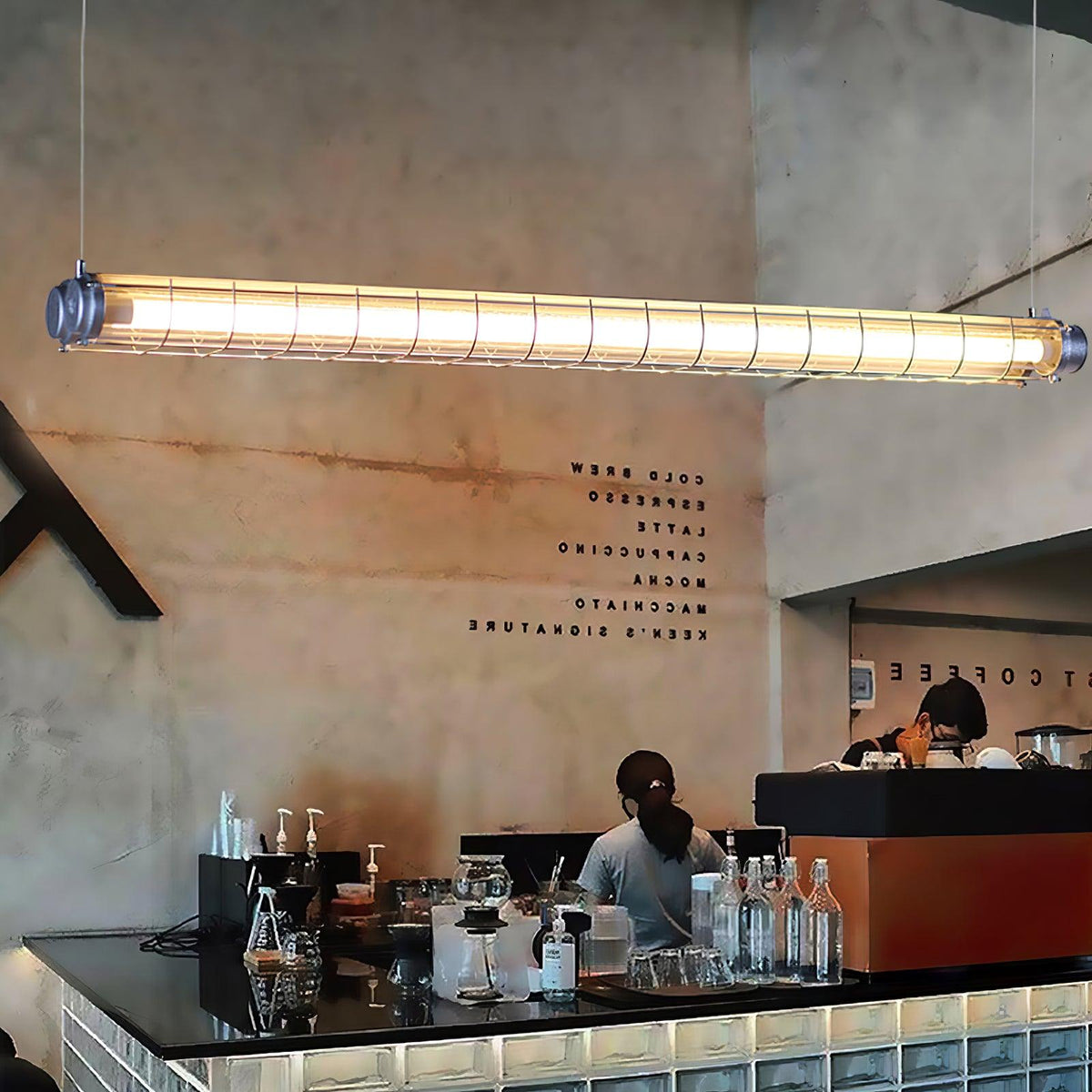 Caged Linear Tube Ceiling Pendant, Industrial Bar Light - Arrielight